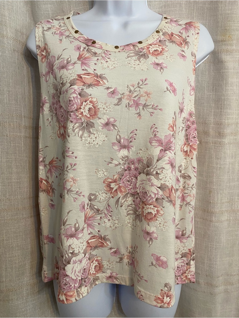 Stranded Floral Sleeveless Knit Top Studded Accent Mauve Pink Large